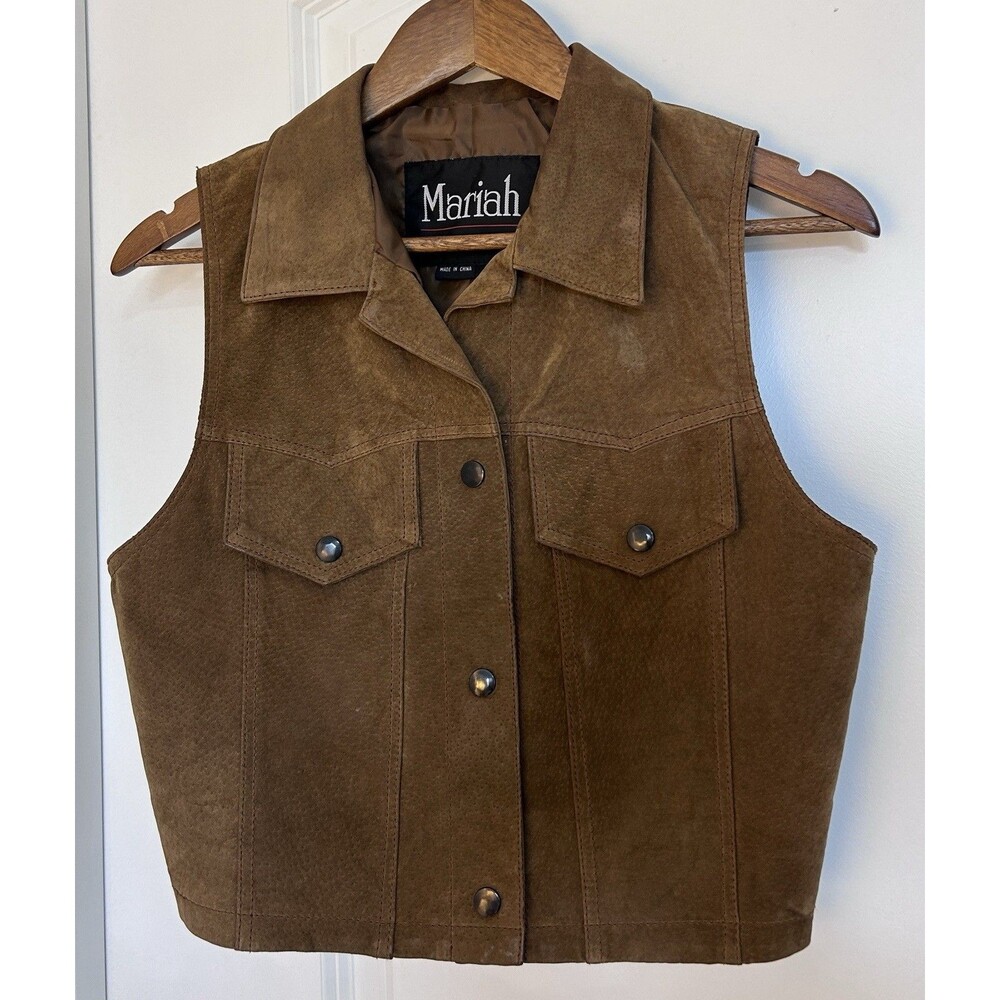 Vintage Brown Leather Vest Women Small Cropped Western Snap Button Moto Biker - Picture 3 of 12